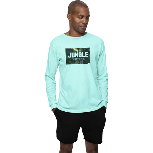 Man wearing a light blue long-sleeve shirt with 'Jungle' text on a white background