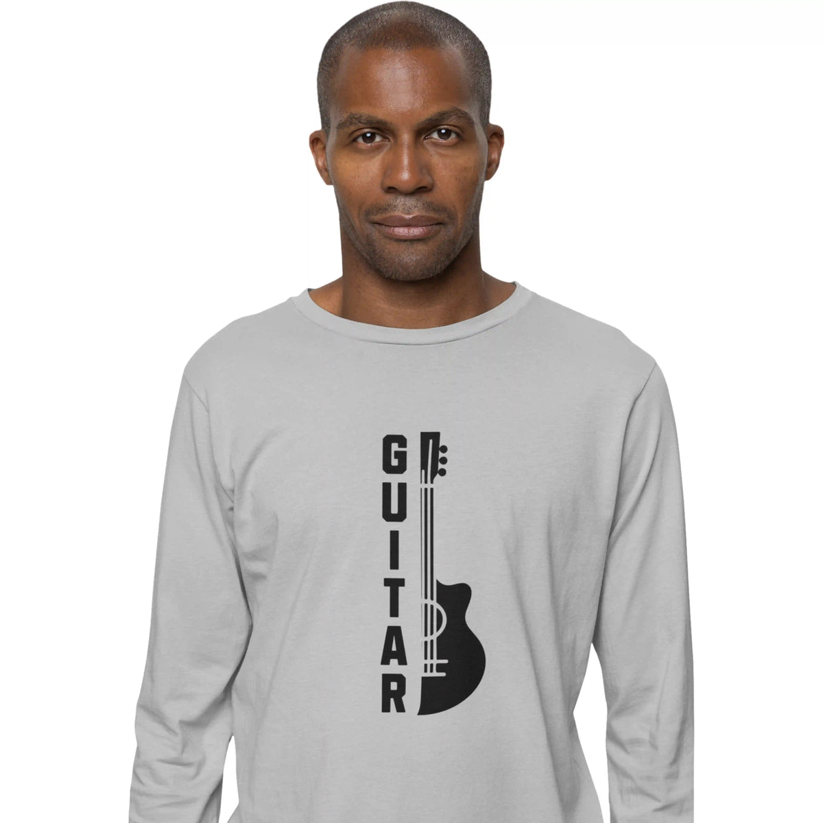 Man wearing a gray long-sleeve shirt with a guitar graphic and 'Guitar' text on a white background