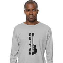 Man wearing a gray long-sleeve shirt with a guitar graphic and 'Guitar' text on a white background