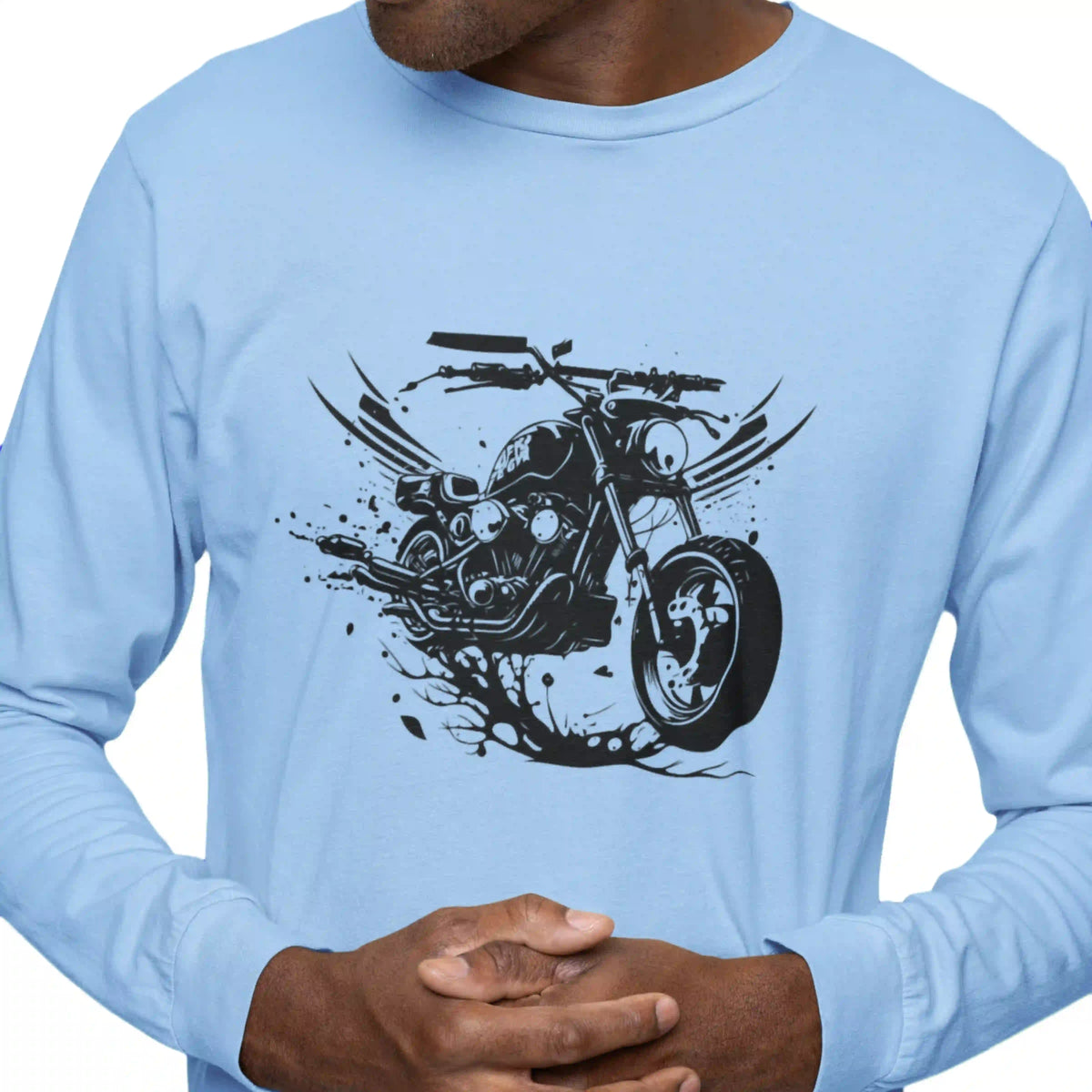 Light blue long-sleeve shirt with a black motorcycle graphic on a white background