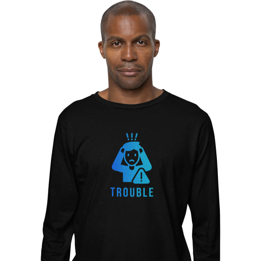 Man wearing a black long-sleeve shirt with a blue graphic and 'TROUBLE' text on a white background