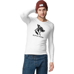 Person wearing a white long-sleeve shirt with a dog graphic and 'Alpha Mode' text, paired with blue jeans and a red beanie.