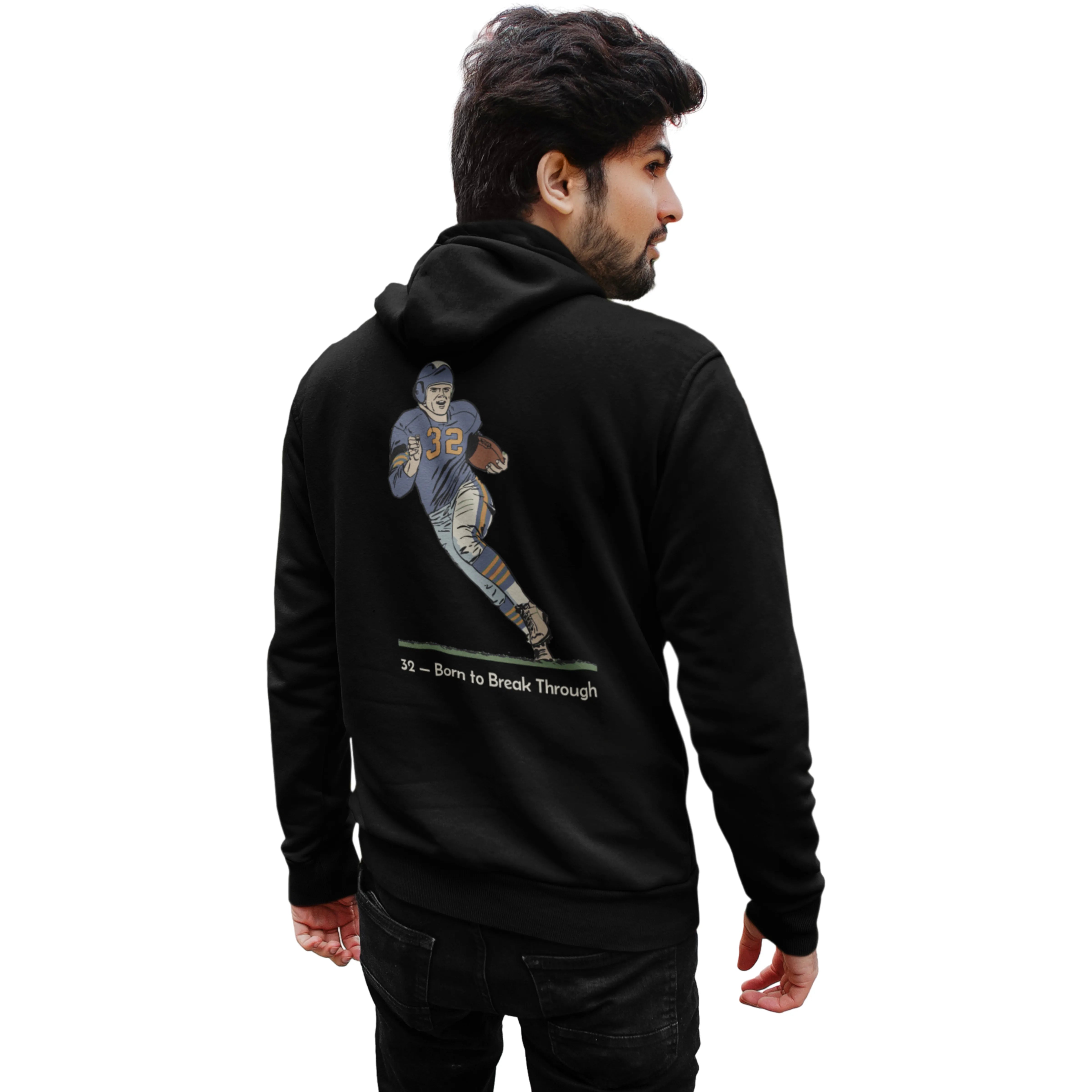 Person wearing a black hoodie with a graphic of a football player on the back