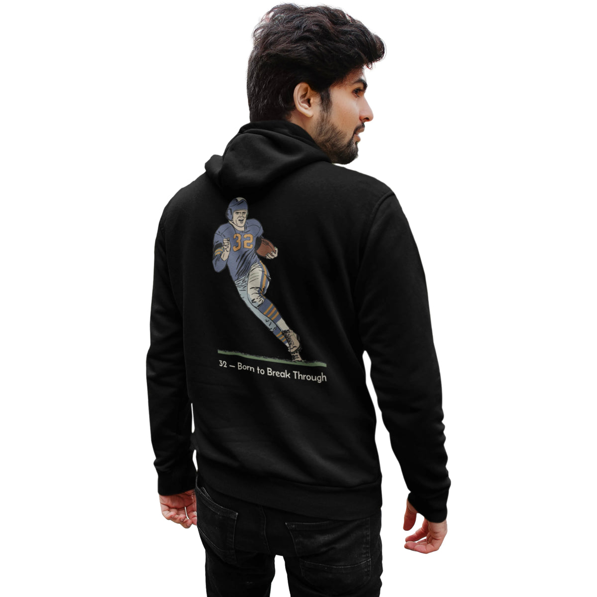 Person wearing a black hoodie with a graphic of a football player on the back