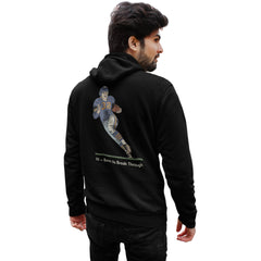 Person wearing a black hoodie with a graphic of a football player on the back