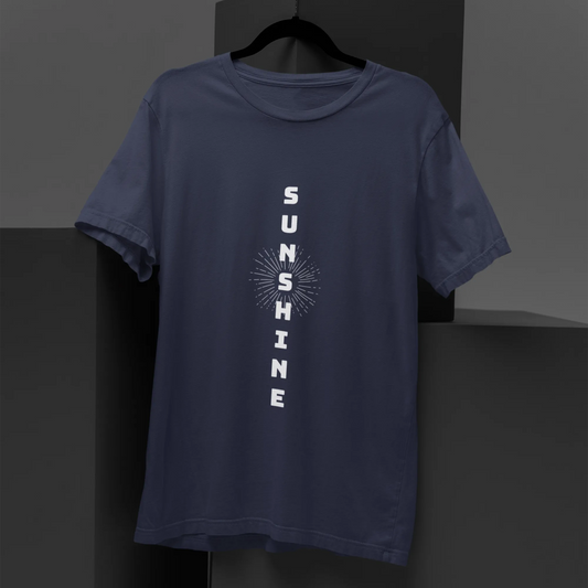Navy blue t-shirt with 'SUNSHINE' text on a black background