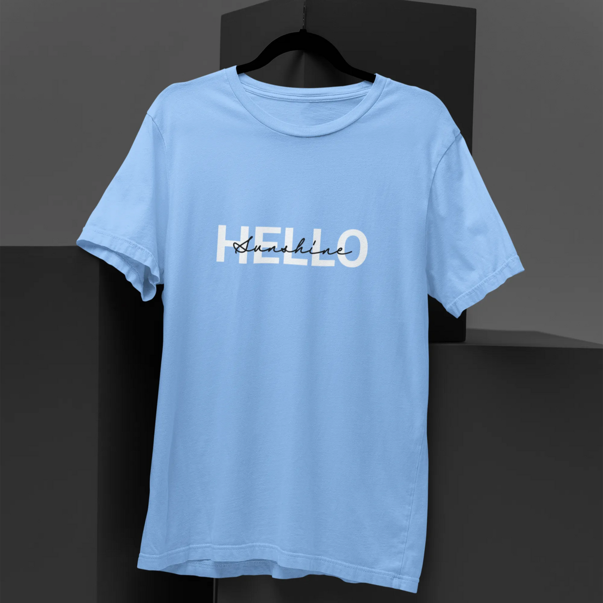 Light blue t-shirt with 'HELLO' text on a black background