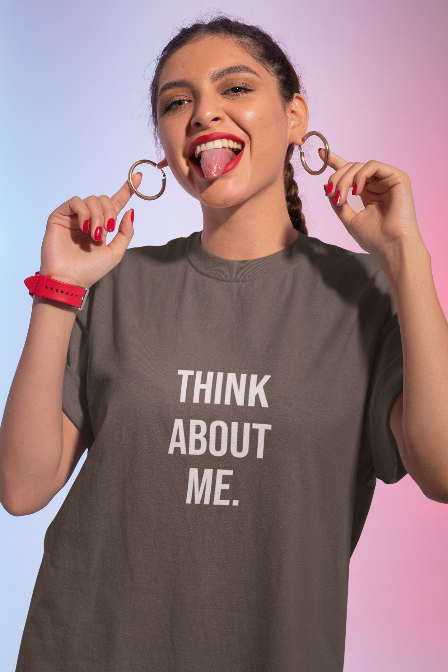 Woman wearing a t-shirt with 'Think About Me' text against a gradient background