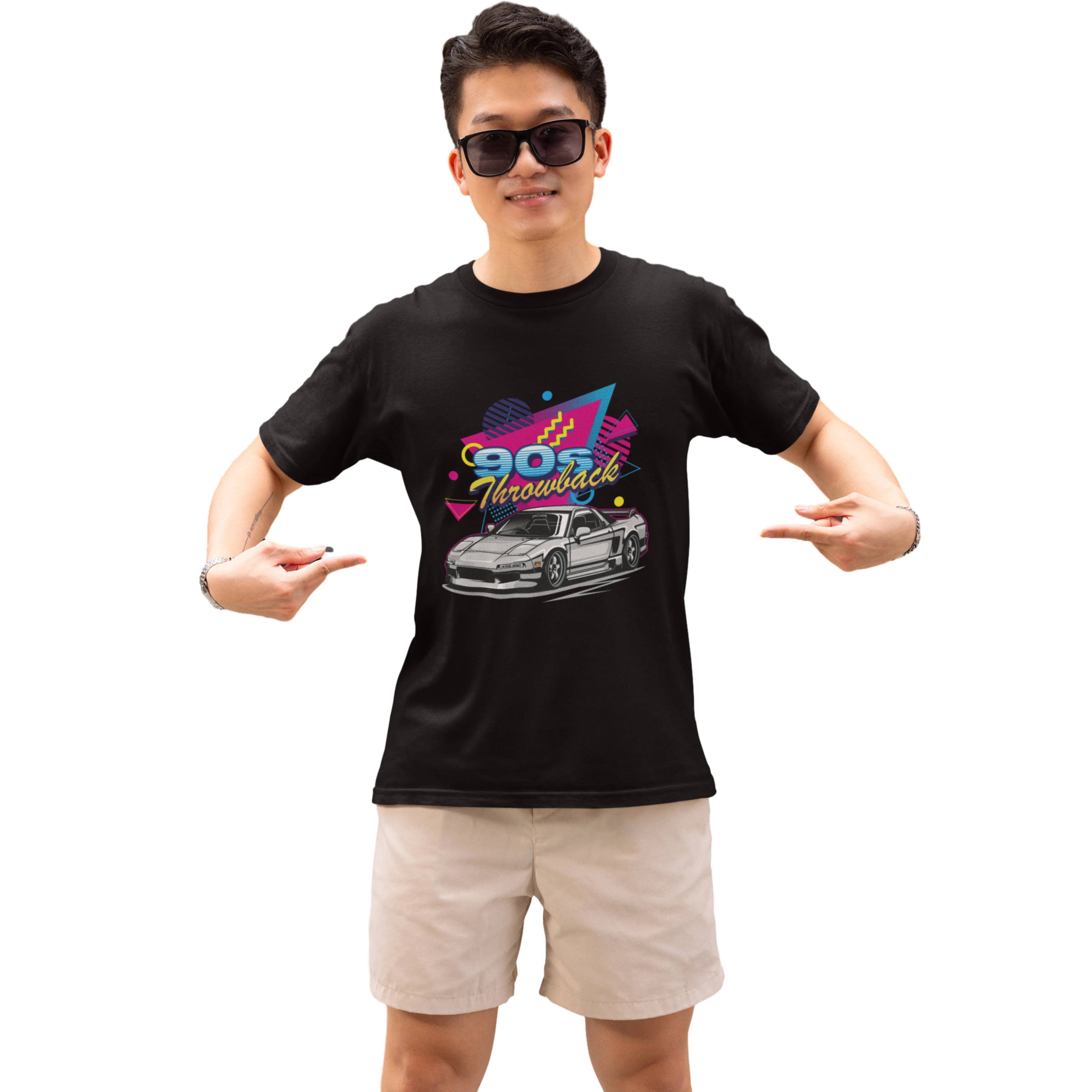 Person wearing a black t-shirt with a car graphic and text on a white background