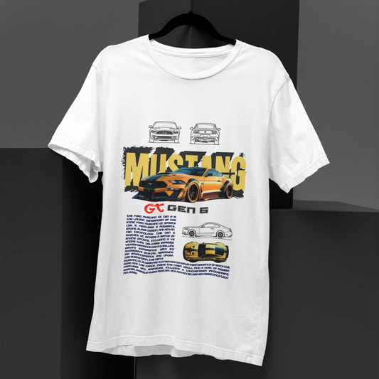White t-shirt with Mustang graphic design on a black background