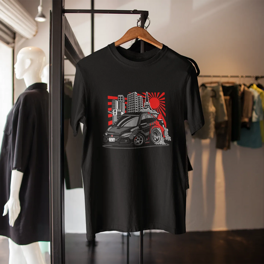 Black t-shirt with graphic design on a hanger in a clothing store.