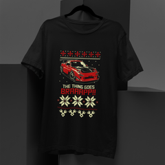 Black t-shirt with a graphic design of a red car and text on a dark background