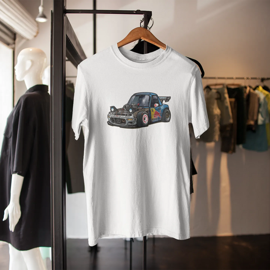 White t-shirt with a car graphic on a hanger in a clothing store.