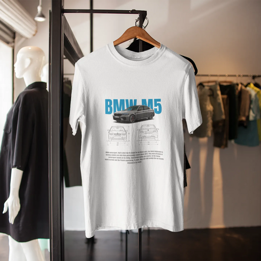 White t-shirt with BMW M5 design on a hanger in a store setting