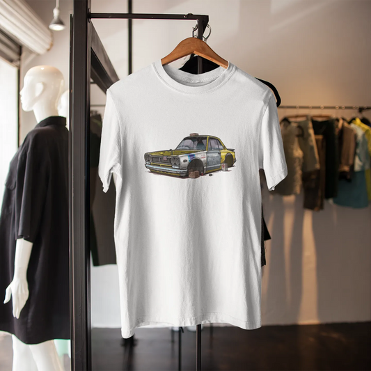 White t-shirt with a car graphic on a hanger in a clothing store.