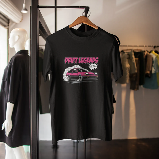 Black t-shirt with 'Drift Legends' design on a hanger in a store setting