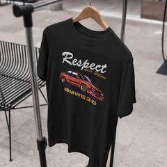 Black t-shirt with car graphic and 'Respect' text on a hanger
