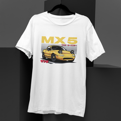 White t-shirt with yellow car graphic and 'MX5' text on a black background
