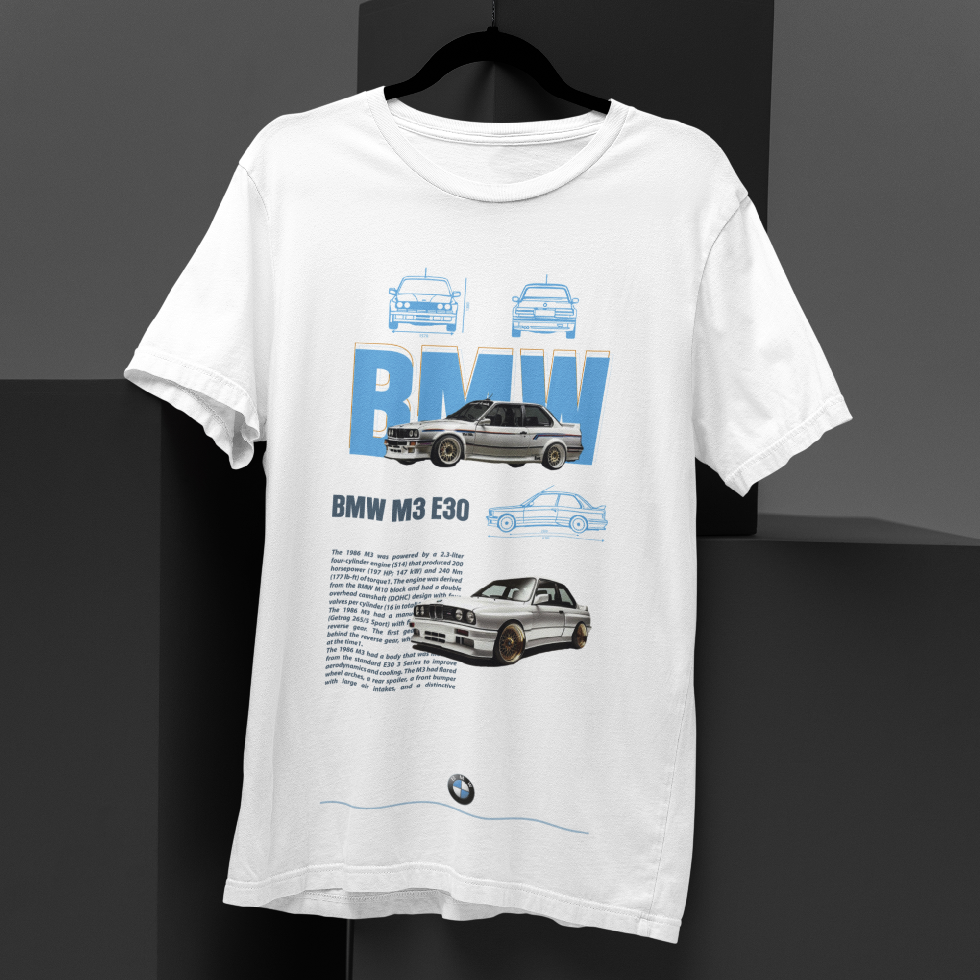 White t-shirt with BMW car graphics on a black background