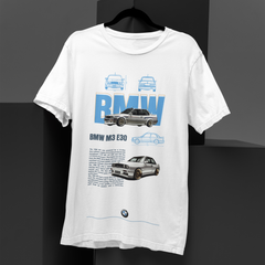 White t-shirt with BMW car graphics on a black background