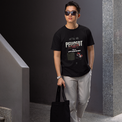 Man wearing a black Peugeot t-shirt and sunglasses, holding a black bag, standing on a staircase.