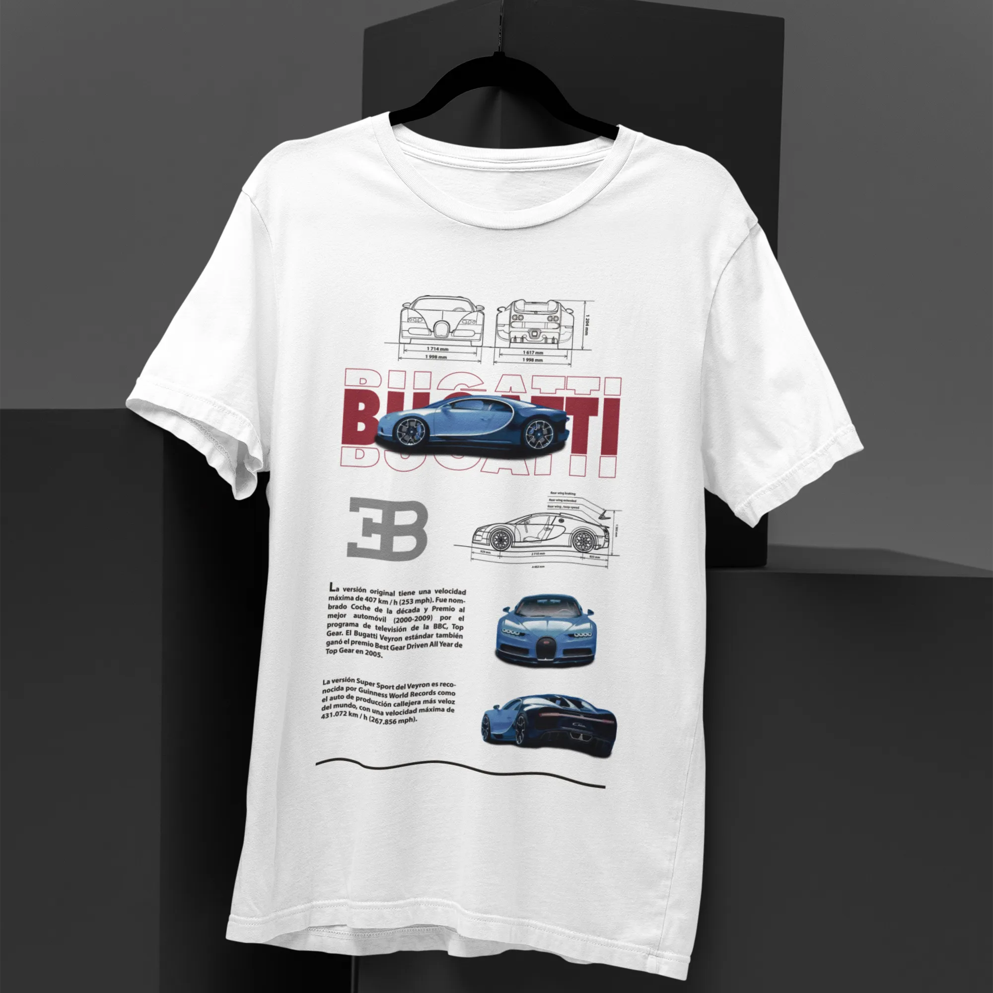 White t-shirt with Bugatti car graphics on a black background