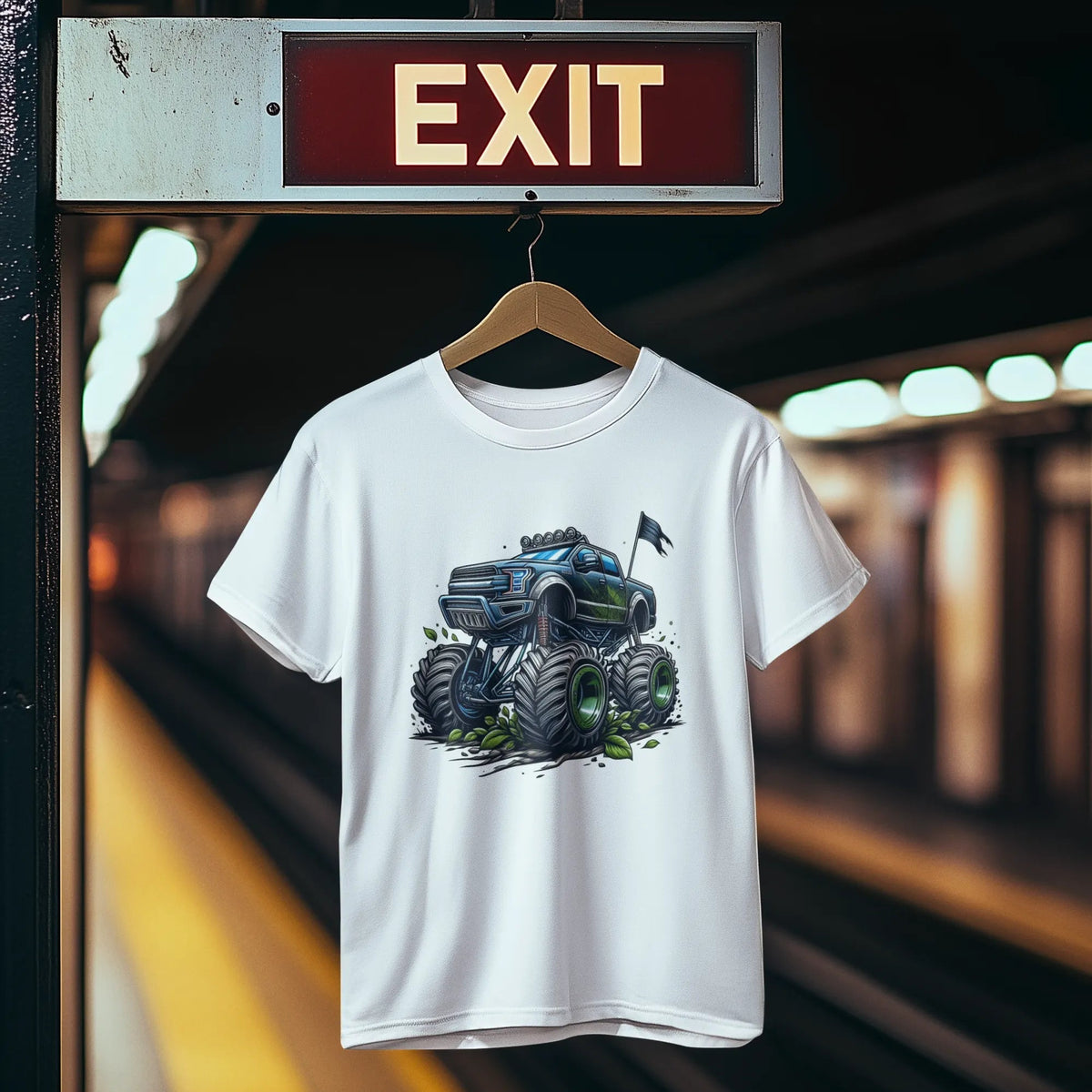 White t-shirt with a graphic design of a blue monster truck hanging on a hanger under an 'EXIT' sign.