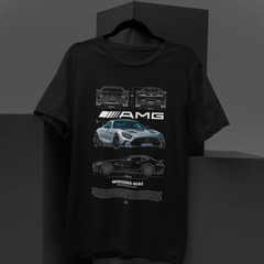 Black t-shirt with AMG car design on a gray background