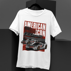 White t-shirt with race car graphic and 'American Icon' text on a black background