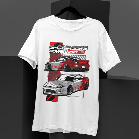 White t-shirt with car graphics on a black background