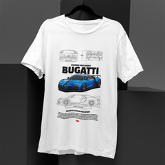 White t-shirt with Bugatti car design on a black background