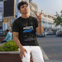Man wearing a black t-shirt with Bugatti logo in an urban setting