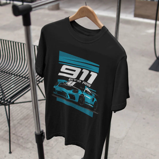 Black t-shirt with a blue and white graphic design on a hanger against a neutral background.