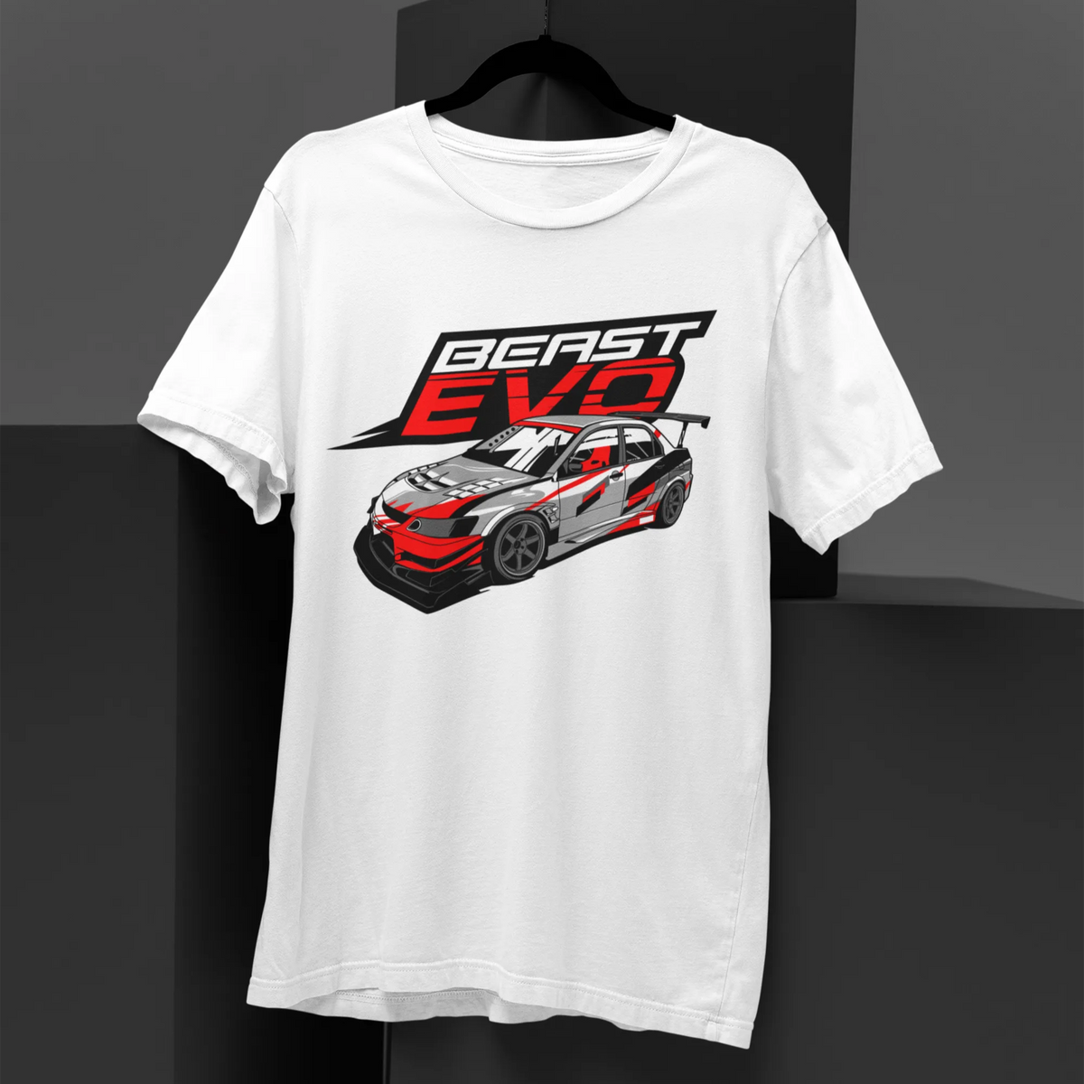 White t-shirt with a car graphic and 'Beast Evo' text on a black background