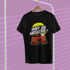 Black t-shirt with 'Why So Negative?' graphic on a hanger against a purple background