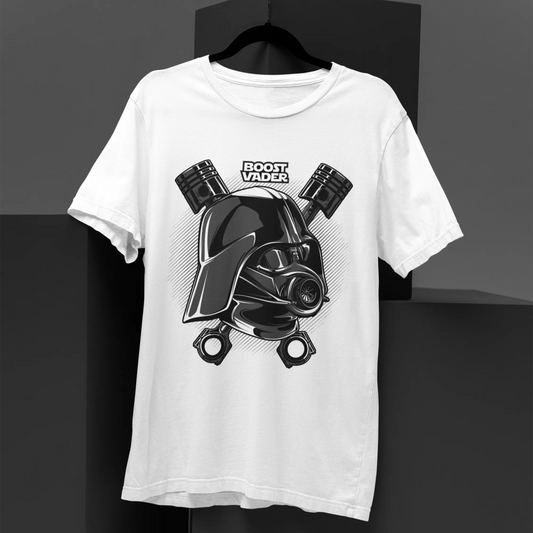 White t-shirt with black graphic design on a dark background