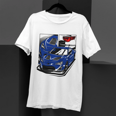 White t-shirt with a blue car graphic on a black background