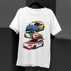 White t-shirt with car graphics on a black background