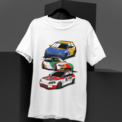 White t-shirt with car graphics on a black background
