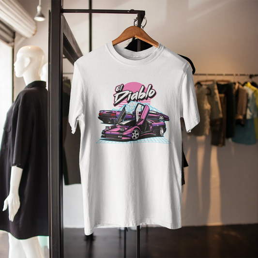 White t-shirt with car graphic and 'El Diablo' text on a hanger in a store setting.