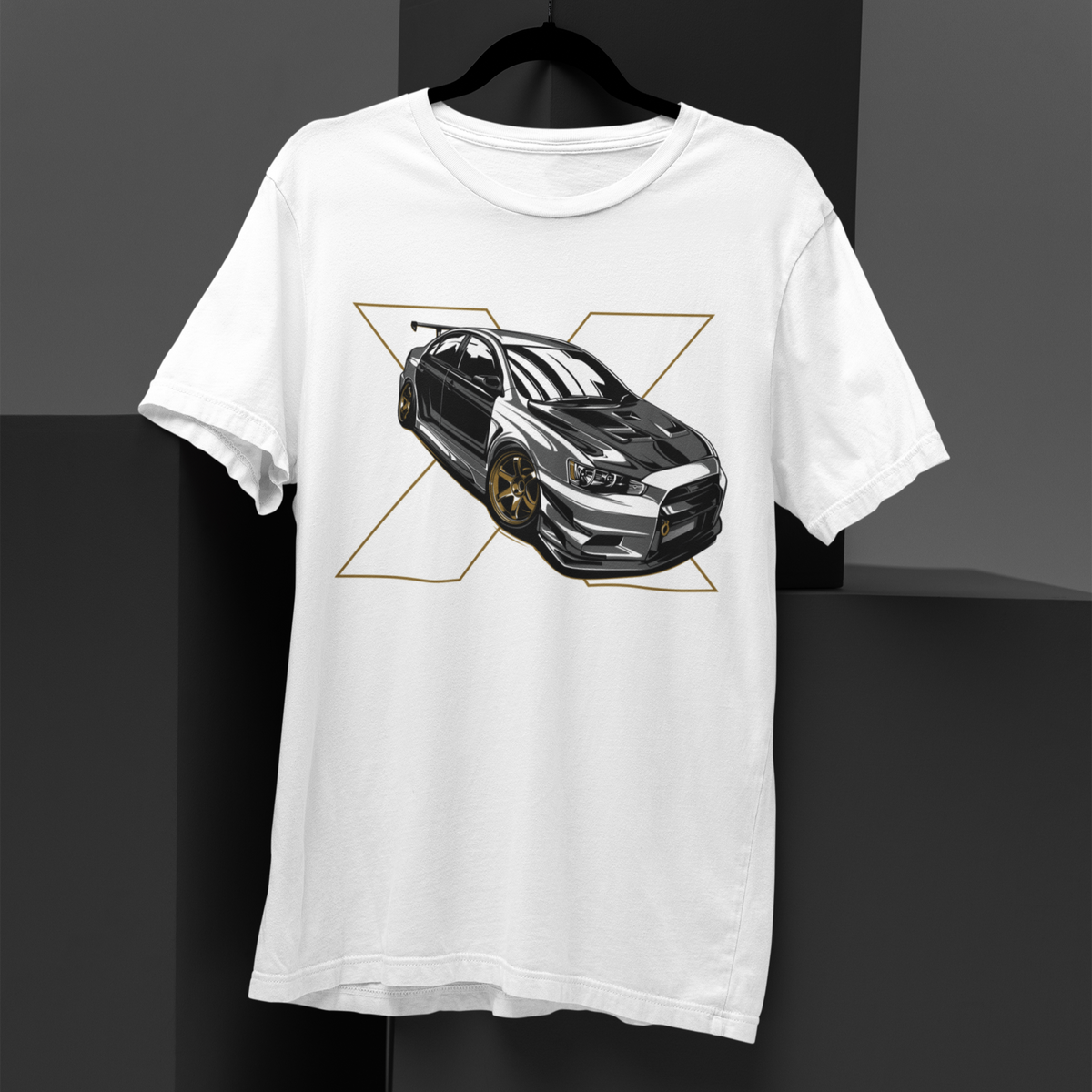 White t-shirt with a car graphic on a black background