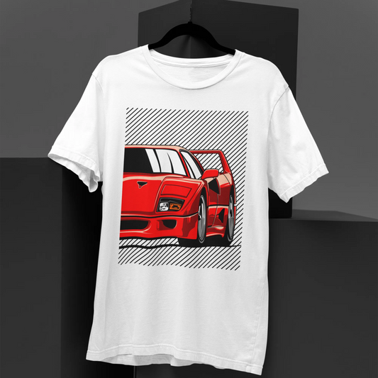 White t-shirt with a red car graphic on a black background