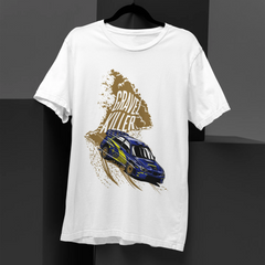 White t-shirt with a graphic design of a car and text on a black background