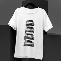 White t-shirt with black car graphic design on a black background