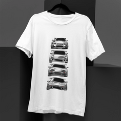 White t-shirt with black car illustrations on a black background