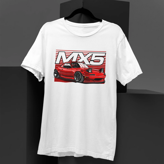 White t-shirt with red car graphic and 'MX5' text on a black background