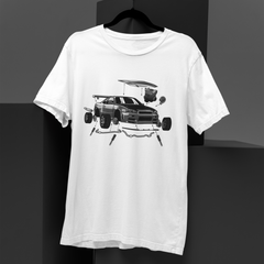 White t-shirt with a graphic design of a car on a black background