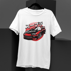 White t-shirt with a red and black car graphic on a black background