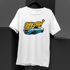 White t-shirt with a graphic design of a car and 'Shakotan' text on a black background