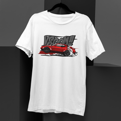 White t-shirt with a red car graphic and 'Vroom' text on a black background